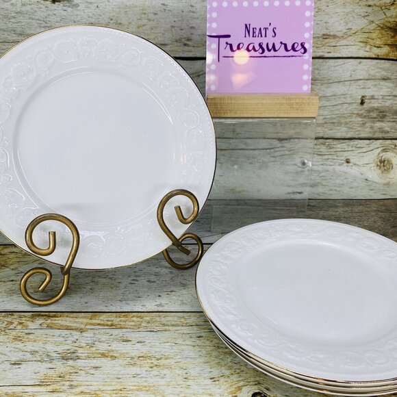 Farberware CALAIS 4173 Embossed Scroll Rope Leaf Gold Trim Rim Salad Plate Set 4